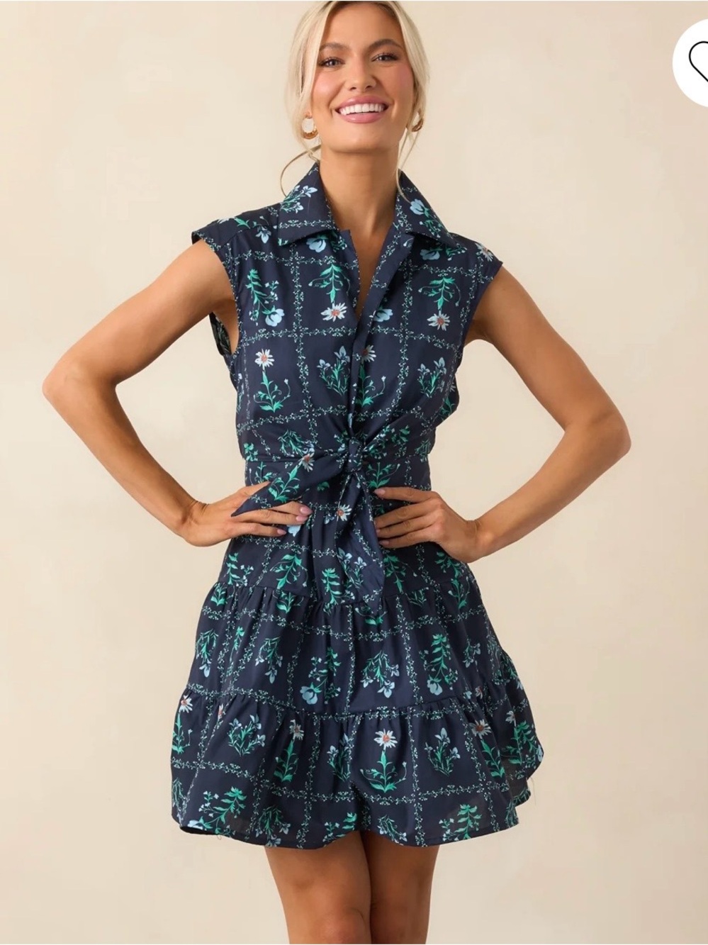entro Navy Floral Tie-Front Midi Dress